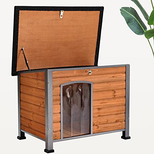 Dog House Outdoor Insulated Dog House For Small Medium Dogs, Natural Wood With Iron Frame, Waterproof Roof Raised Feet #TOP2
