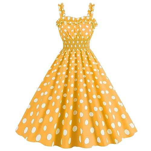 Image of 50s Style Dresses for Women Vintage 1950s Retro Cocktail Dress 40's 50's Polka Dot Pinup Dresses for Women Rockabilly Audrey Hepburn Halloween Costume 1960s Tea Party Pin up Outfits Yellow XL