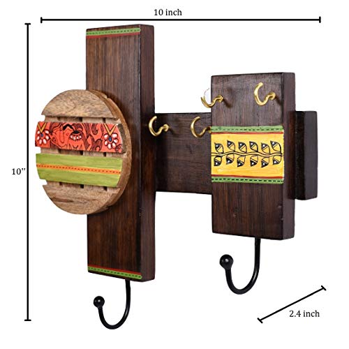 Image of AAKRITI ART CREATIONS Key Holder, Handcrafted Madhubani Art Key Hanger | Rustic Wood Wall Organizer with 4 Hooks | New Home Gifts | Multifunctional Entryway Decor Item