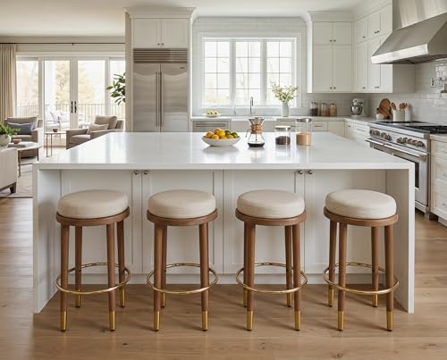 Butacos modernos rústicos sin respaldo de 26 pulgadas, juego de 4 unidades, asiento redondo acolchado y suave, taburetes de altura para barra con estructura de madera y reposapiés metálico dorado, tapizado en lino beige para isla de cocina