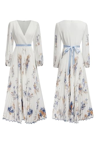 Women's Floral Printed Pleated Dress Sexy V Neck Long Sleeve Flowy A Line Party Maxi Dresses with Belt4