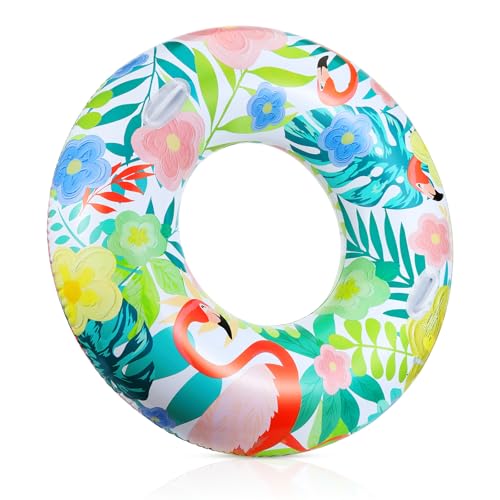 MoKo Pool Floats Adult, 41 Inch Flamingo & Flower Pool Floaties with Dual Handles for Easy Grip and Balanced, Inflatable Adult Swim Tubes Float for Beach, Water Park, Lake, Colourful Jungle Flamingo