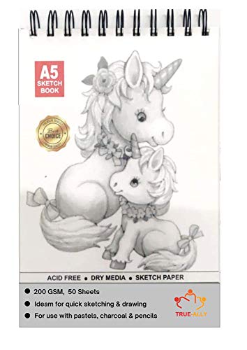 Image of True-Ally 50 Sheet A5 200GSM Sketch book 5.8 x 8.3 Inch | Top Spiral-Bound Sketchpad for Artists | Sketching and Drawing Acid Free Paper, for Doodling (Pack of 2, Assorted Top design)