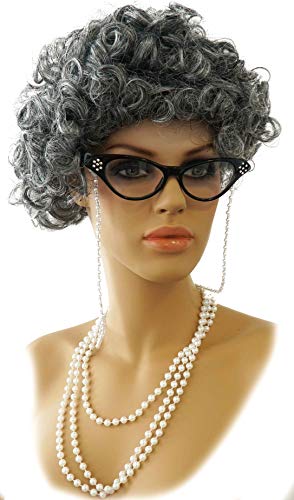 Vibe Old Lady Wig Cosplay Set, Gray Hair Granny Wig With Pearl Necklace, Glasses, Glass Chain Accessories, 5 Pieces Total … (Gray Curly) #TOP5