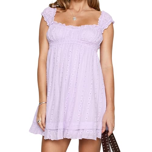 Image of Women Ruffle Mini Dress Lace Strap Square Neck Babydoll ShortDress Sleeveless Flowy Mini Dress Y2K Swing Sundress (Light Purple, XL)