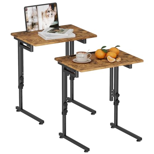 Fleecy day Adjustable Folding TV Tray Table,TV Dinner Small Foldable C-Shaped End Table for Eating,6 Height Adjustable Slide Under Couch Side with Sturdy MDF Top,No Assembly(Brown,2Pcs)