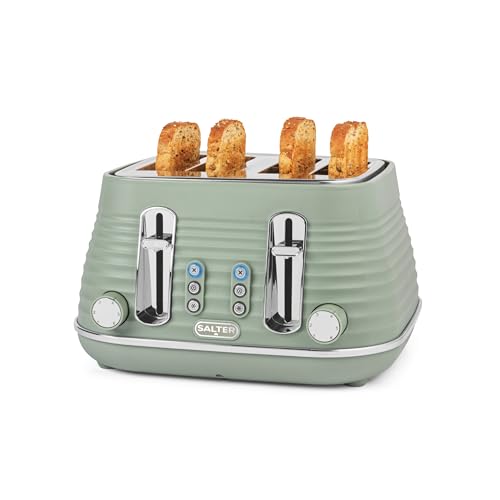 Salter Ripple 4-Slice Toaster – Defrost, Reheat, Cancel, Wide Toasting Slots, Bagels/Crumpets, 6 Browning Levels, Removable Crumb Tray, High-Lift, Self-Centring, Textured Ripple Design, 1630W, Sage