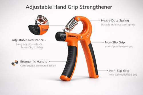 Image of Kin-Kart Adjustable Hand Gripper, Orange and Black, Steel Spring Construction, 10-40kg Resistance Range, Ergonomic Comfort Grip, for Hand Strength Training (ORANGE, 10-40 KG)