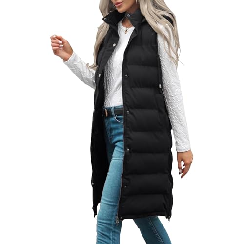 Long Puffer Vest For Women Sleeveless Hooded Jacket Removable Hood Winter Outerwear Coat2