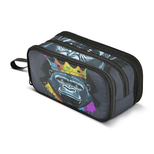 Image of Gorilla with Crown Pencil Case Box Boys Girls Large Pencil Pouch with Zipper Compartments Big Capacity Stationery Pen Bag Organizer for Kids Teens Adults School