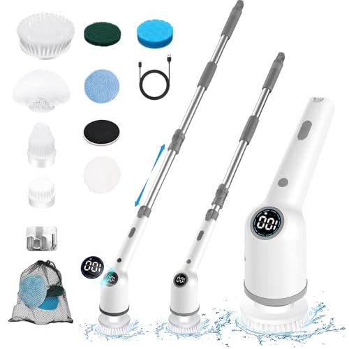 Image of Electric Cleaning Brush, Cordless Electric Spin Scrubber with Long Handle, 3 Brushes, 5 Cleaning Pads, Portable Charging Base