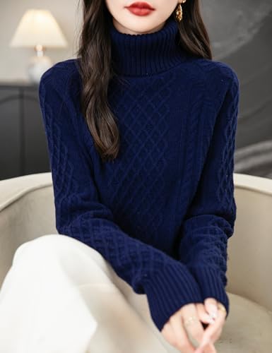 Women's 100% Merino Wool Turtleneck Sweater 2025 Fall Winter Vintage Cable Warm Soft Long Sleeve Knit Sweater2
