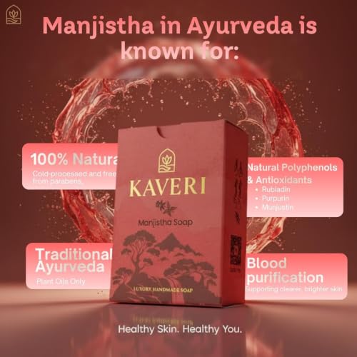 Image of KAVERI Manjistha Handmade Soap Bar - Ayurvedic Cold-Processed Herbal Cleansing Bar, SLS-Free -110g
