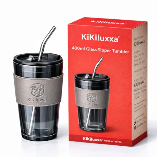 Image of KiKiluxxa Glass Coffee Sipper Mugs with Lid & Straw Pack of 1, 400ml Multipurpose Drinking Glasses Tumbler with Leather Sleeve Cup for Juice Smoothies Iced Tea Home & Travel (Black)