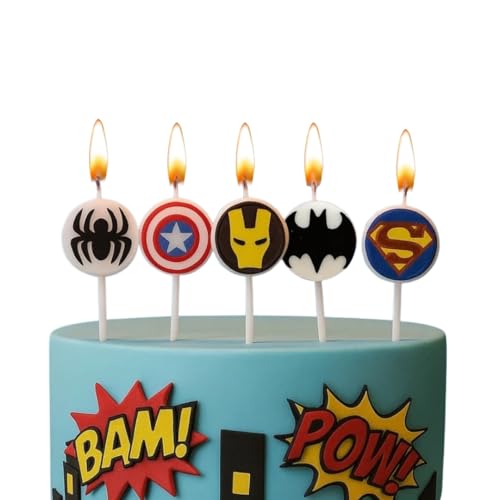 Image of Wanna Party Superhero Birthday Cake Candles - Set of 5 Hero-Themed Face Toppers for Kids Party Decorations - Comic Style Cake Decor for Boys & Girls