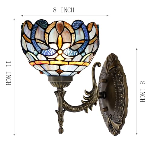 Image of Tiffany Wall Sconce Lamp Stained Glass 8X10.5X11 Inch Plug in Wall Bedside Light for Hallway Bedroom (Blue Purple Cloudy Style)