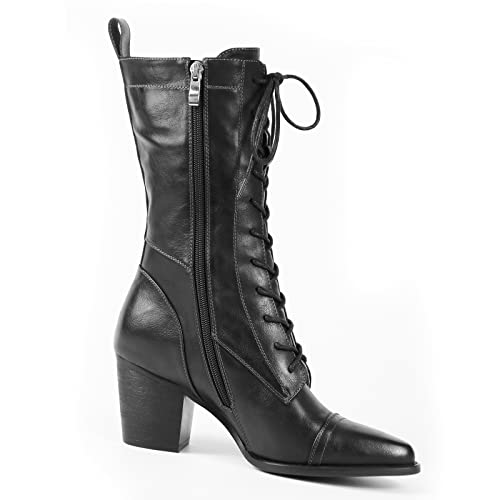 UTIKLIOU Women's Mid Calf Boots Lace up Combat Boots Leather Side Zipper Winter Boots Faux Fur Lining2