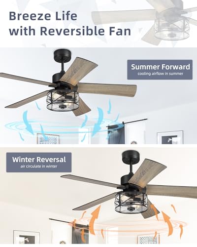 Image of YOUKAIN 48-Inch Farmhouse Ceiling Fan with Light & Remote, Clear Glass | 5 reversible black and wood blades, quiet operation for bedrooms and living rooms
