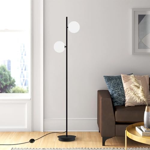 Image of Black Floor Lamp 2-Light Modern White Frosted Glass Freestanding Lamp Mid Century Globe Floor Lamps for Vintage Standing Pole Lamp for Bedroom Living Room Hotel