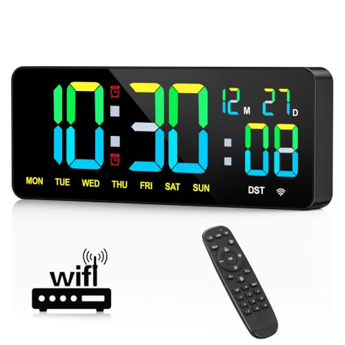 Tempospark WiFi Digital Clock 12", Digital Wall Clock WiFi Sync for Bedroom, Living Room, Classroom, WiFi Clock with Remote Control, Timer, Dual Alarms, Dimmer, Auto DST, Volume Control (Colorful) - image 1