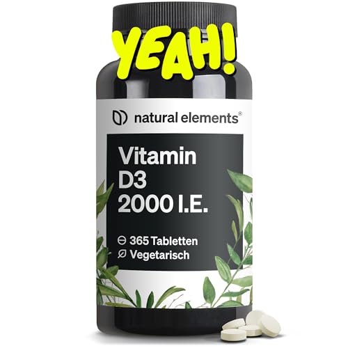 natural elements Vitamin D3 2000 I.E. – 365 Tabletten – für Knochen und Immunsystem – hochdosiert, ohne unnötige Zusätze – in Deutschland produziert & laborgeprüft natural elements Vitamin D3 2000 I.E. – 365 Tabletten – für Knochen und Immunsystem – hochdosiert, ohne unnötige Zusätze – in Deutschland produziert & laborgeprüft