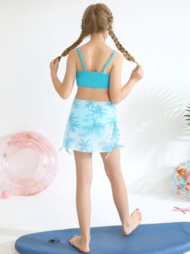 ESHOO Girls Swimsuit 3 Piece Bikini Set Tropical Print Cross V Neck Bathing Suits Girls' Swimwear with Cover Up Skirt 10-16T3
