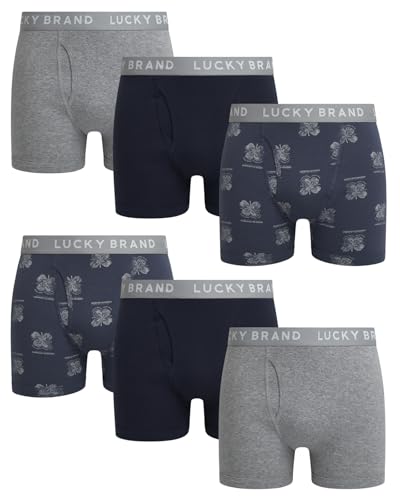 Lucky Brand Mens Boxer Briefs - 6 Pack 4'' Inseam Classic Mens Underwear Boxer Briefs with Functional Fly Soft Cotton Boxers, Size X-Large, Heather Grey/Vintage Indigo Print/Mood Indigo