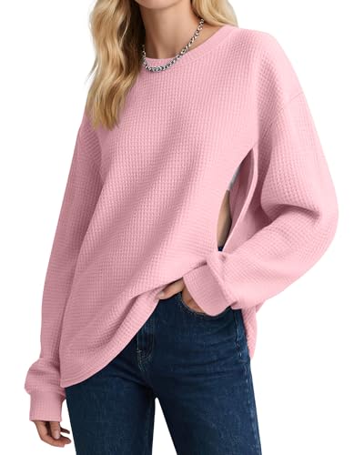Oakgarden Women's Zipper Nursing Sweatshirts, Oversized Casual Waffle Knit Breastfeeding Pullover Tops Pregnancy Mama Clothes(Pink,X-Large)