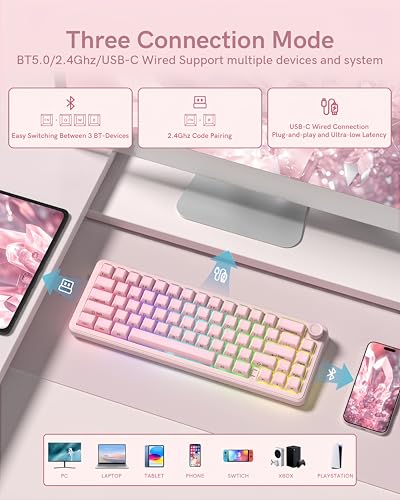 Image of womier L65 60% Pink Mechanical Keyboard with Knob,4000mAh,Tri Mode USB-C /BT5.0 /2.4G,RGB Backlit,Hot Swap,Crystal Jelly keycaps,Linear Switch,Gasket Mounted Wireless Gaming Keyboard for PC /Mac