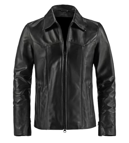 AmazX Jaqueta masculina de couro de cordeiro - preta - jaqueta de couro para motociclista - gola est