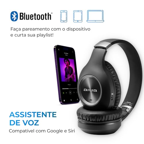 Aiwa Fone de Ouvido Headphone Bluetooth, ANC - Cancelamento de ruído, dobrável - AWS-HP-02-B glide