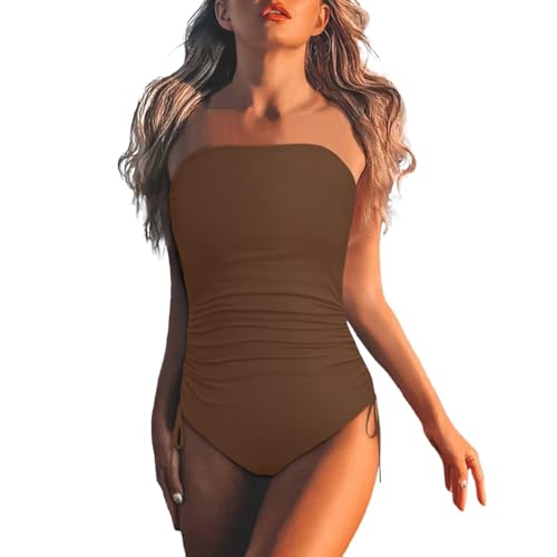 Generisch Traje de baño sin tirantes para mujer, traje de baño bandeau, marrón, S