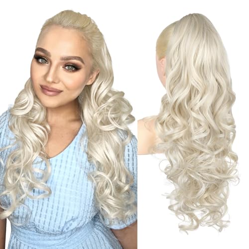 REECHO Ponytail Extension, 26 Inch Drawstring Ponytail Extension Long Curly Wavy Pony Tails Hair Extensions Natural Fake Synthetic Clip in Ponytail Hairpiece for Women Daily, Platinum Blonde