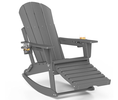 NAVINE Adirondack Rocking Chair with Retractable Ottoman, All Weather Folding Adirondack Chair with Two Cup Holders, Adirondack Outdoor Rocking Chairs for Porch, Patio, Balcony. Grey