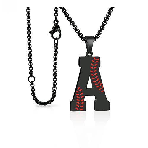LYNNON Baseball Initial Necklace for Men A-Z Letter Necklaces Chain Stainless Steel Pendant 22 Inch Personalized Gifts for Women Coach Player Baseball Lovers (A, Black)