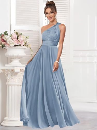 One Shoulder Bridesmaid Dresses with Pocket for Women Long A Line Formal Dress with Slit Ruched Chiffon Evening Gown3