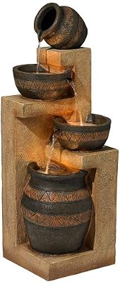 Stoneware Bowl and Jar Rustic Outdoor Floor Water Fountain 46" High with LED Light Cascading for Garden Patio Backyard Deck Home Lawn Porch House Relaxation Exterior Balcony - John Timberland