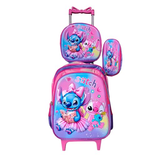 Kit Mochila Escolar do Stitch Livro em 3D Menina com Rodinhas + Lancheira Térmica + Estojo Escolar em Alto Relevo Moan