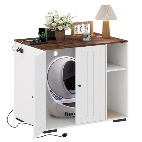 ActiveTrail Large Robot 4 Litter Box Enclosure Cabinet with Built-in Power Outlet & DogProof Shelf Automatic SelfCleaning Litterboxes Furniture for Litter Robot White