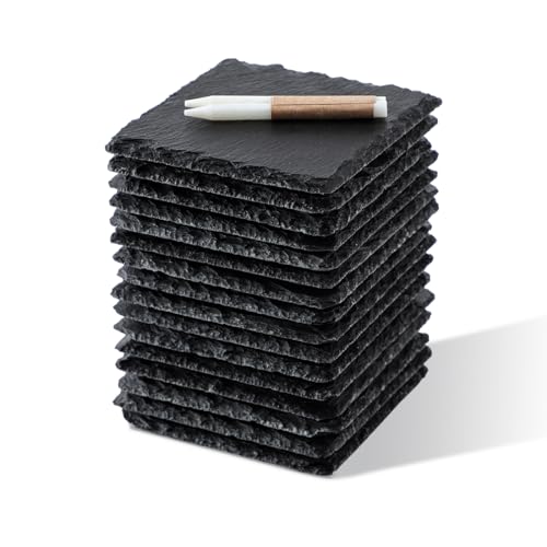 WLWNWFT Schiefer Untersetzer 16er Set, Glasuntersetzer Schiefer 10x10 cm, Untersetzer Schiefer eckig, Glas Untersetzer Stein Getränkeuntersetzer Tischuntersetzer Schwarz