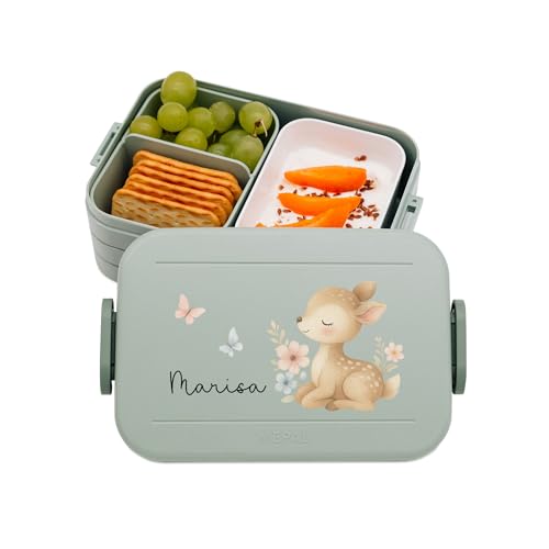 Bärenfreunde MEPAL Brotdose Spülmaschinenfest Kinder Lunchbox mit Einsatz für perfekte Ordnung Spülmaschine Mikrowellengeeignet personalisiert mit niedlichem Motiv (Reh grün)