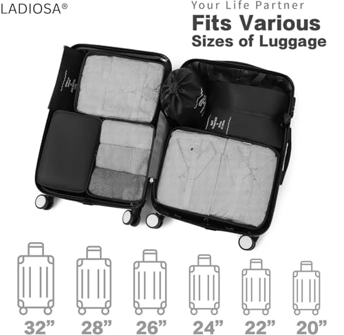 Image of 7 Pcs Travel Organizer Bag Set for Luggage | Waterproof Packing Cubes for Clothes, Shoes & Toiletries | Foldable Travel Storage Bags for Men & Women | Black Travel Pouch Set (Black)