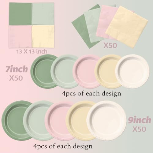 Image of CMUSKO 150Pcs Dusty Pink Sage Green Plates and Napkins - Pink and Green Birthday Decorations Spring Tableware Serves 50 for Baby Shower, Bridal Shower, Wedding