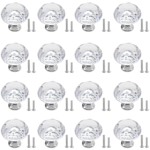 MospdyGear 16 PCS Decorative Crystal Drawer Pulls 30mm Diamond Plastic Knobs with All Necessary Hardware (2 Screw Sizes) Universal Fit for Kitchen Bathroom and Bedroom