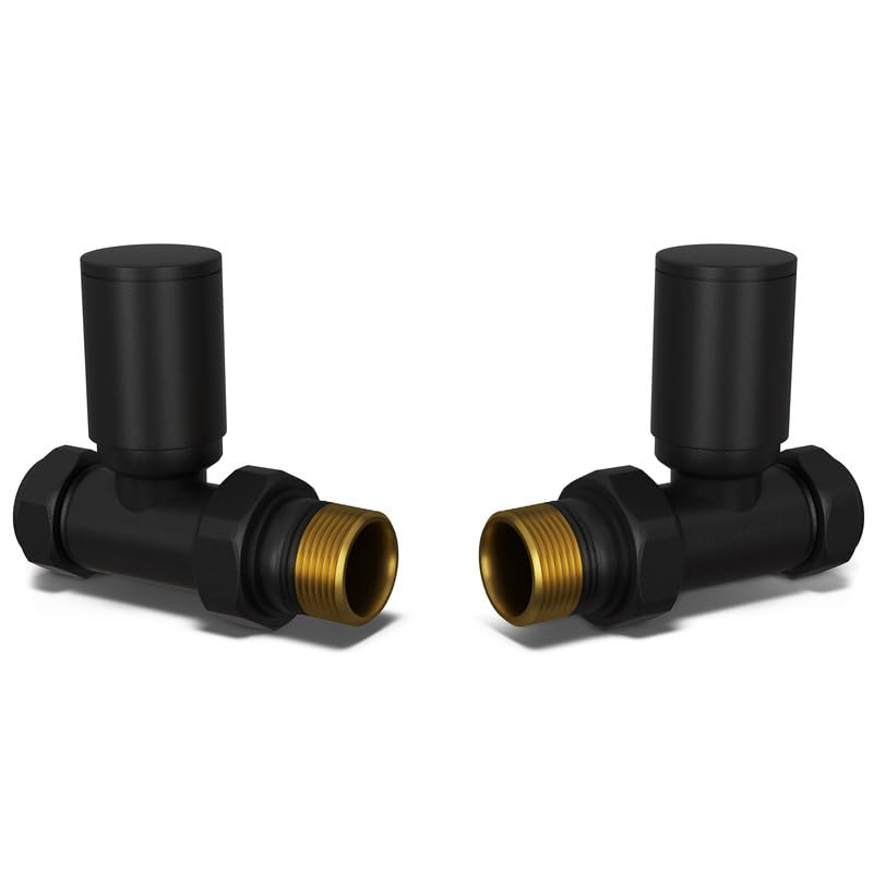 UK Radiators Round Black Radiator Valve Pair - Black Matt Finish - Classy and Modern Design 1/2 x 10mm Straight Radiator Valve Pair - Pair of Valves