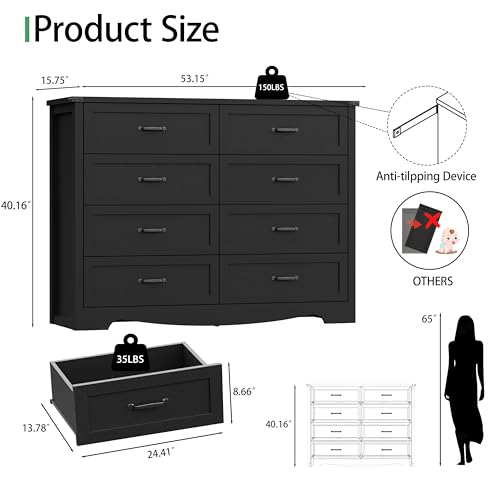 Image of Dresser for Bedroom with 8 Drawers, 54 inch Wide Wood Chest of Drawers with Deep Drawers & Mental Handle, Modern Dresser TV Stand, Wooden Closet Storage Organizer for Living Room, Hallway, Entryway, Black