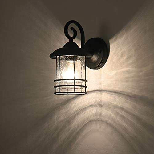 Image of MICSIU 5.5 inch Wide Compact Narrow Farmhouse Matte Black Porch Light 2 Pack | Max 23W 9.8 inch Outdoor Light Fixture with Seedy Glass, Anti-Rust Round Exterior Lantern for Garage Pillar & Side Door, Patio