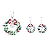 Christmas Wreath Necklace Dangle Earrings for Women Enamel Colorful Jingle Bells Red Bowknot Green Leaf Glitter Crystal Rhinestone Jewelry Set for Xmas Party Festival Holiday Outfit Jewelry (Silver wreath)