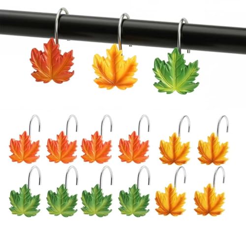 Kreapa 12 Pcs Maple Leaf Shower Curtain Hooks Multicolored Shower Curtain Hooks Leaf Bathroom Decor Rustproof and Cute Easy to Use
