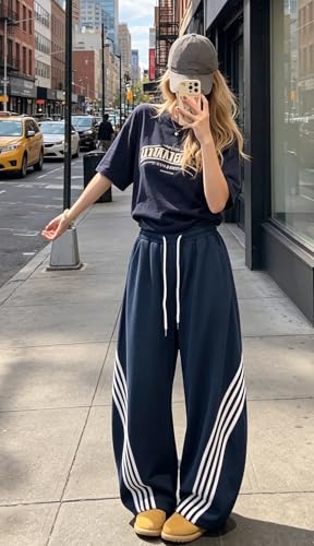Image of EMMIOL Women's Y2K Baggy Barrel Striped Sweatpants High Waisted Wide Leg